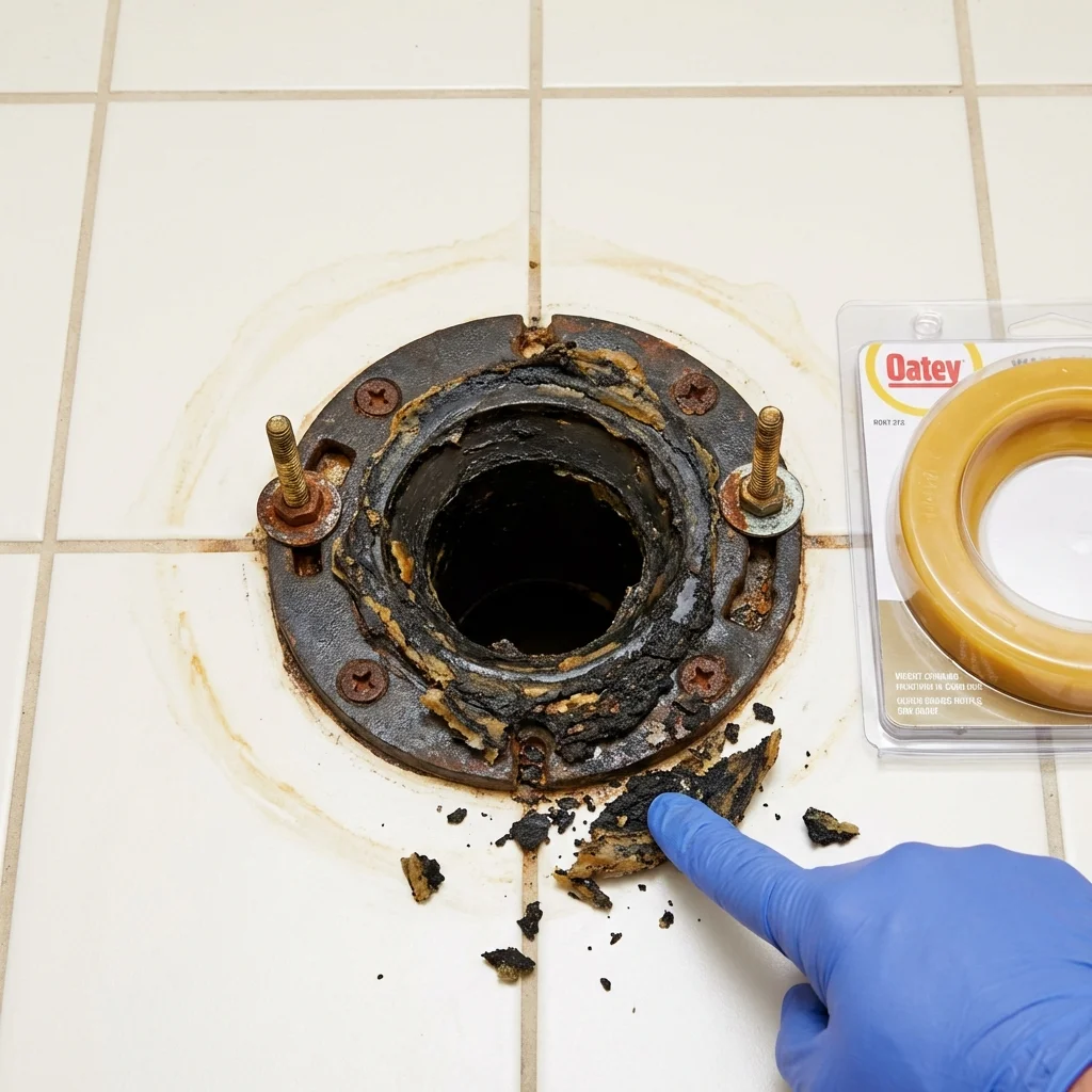 Failed wax ring showing water seepage at the base of a toilet in a Bethel, OH home