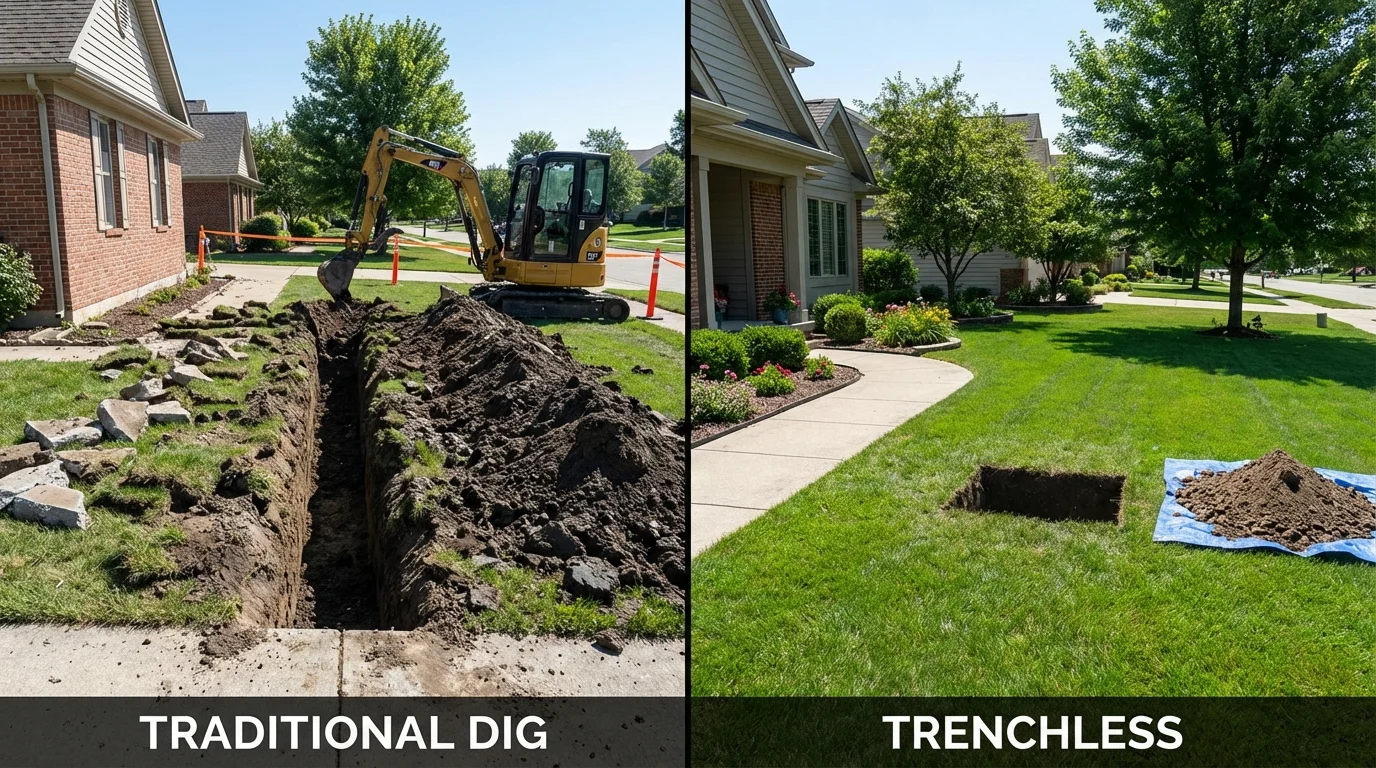 Trenchless sewer repair with minimal yard damage versus traditional excavation in Bethel, OH