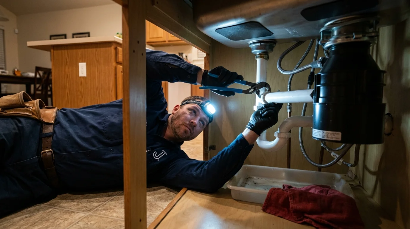 P-trap and supply line connections under a kitchen sink showing a common leak point in Bethel, OH